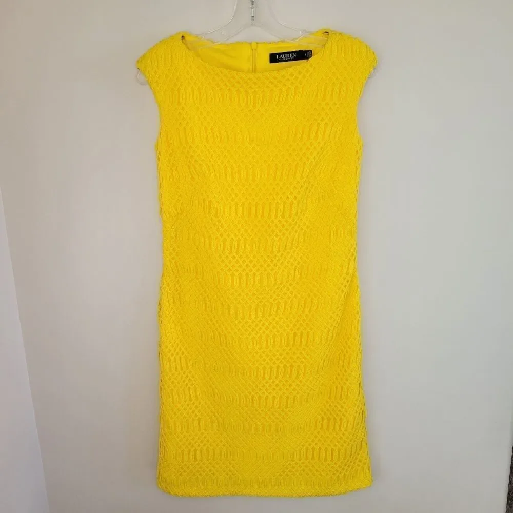 Lauren Ralph Lauren Lemon Yellow Lattice Lace Cap Sleeve Dress - Picture 9 of 9